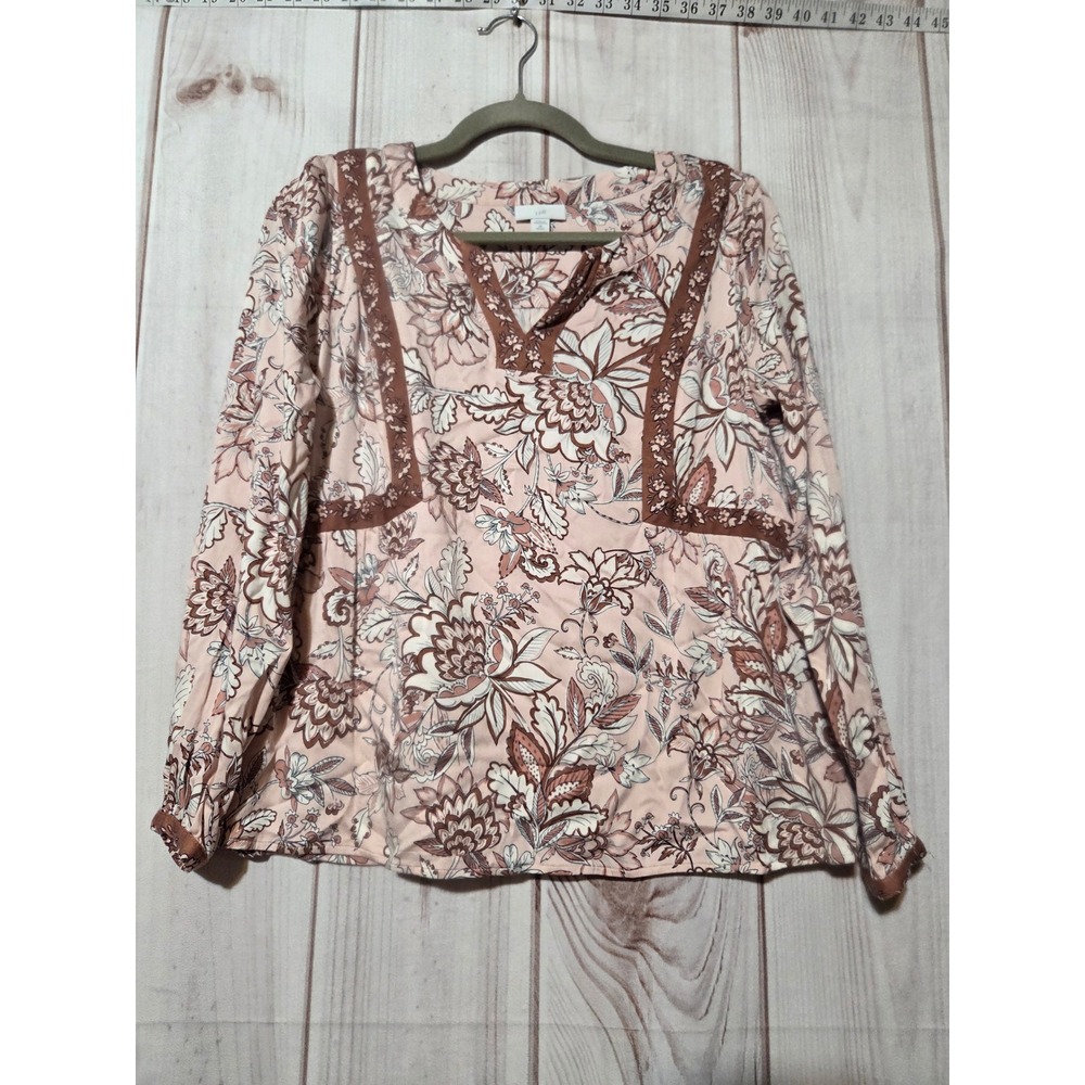 J. Jill Pink Floral Print Split Neck Blouse XS Petite Brown Trim Rayon Boho